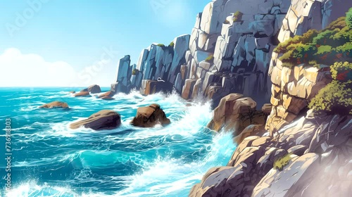 A coastal cliffside view with crashing waves and rugged rocks. Fantasy landscape anime or cartoon style, seamless looping 4k time-lapse virtual video animation background photo