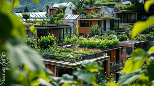 Urban gardening and rooftop farms in cityscapes photo