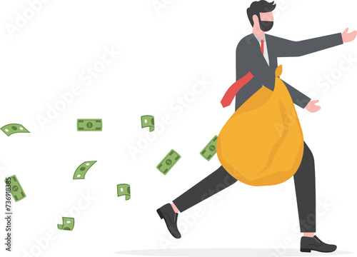Businessman holding bag money losing investment. Lose money from investment mistake ,unknown cost drain out money concept vector illustrator

