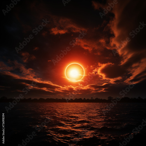 Establishing shot of a total solar eclipse surrounded by a dark cloudy sky