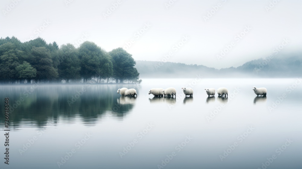a herd of sheep standing on top of a lake next to a forest filled with green trees on a foggy day.