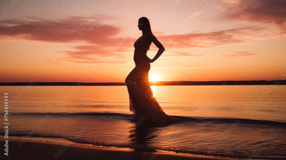 Pregnant Woman's Silhouette Against Sunset on Beach