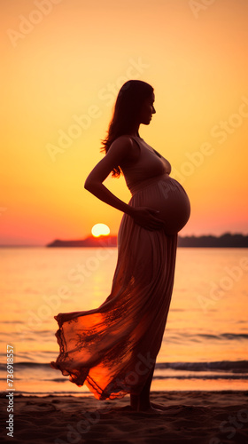 Elegant Maternity Silhouette at Beach Sunset