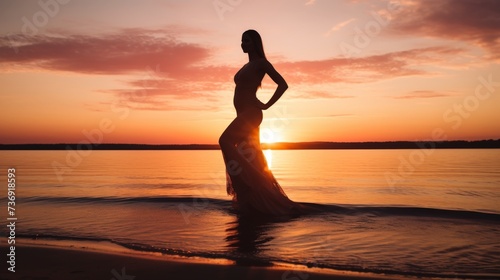 Pregnant Woman s Silhouette Against Sunset on Beach