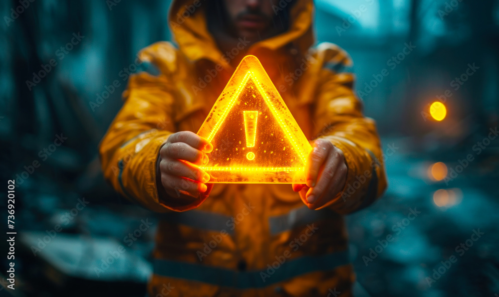 Conceptual image of a person holding a floating exclamation mark in a ...