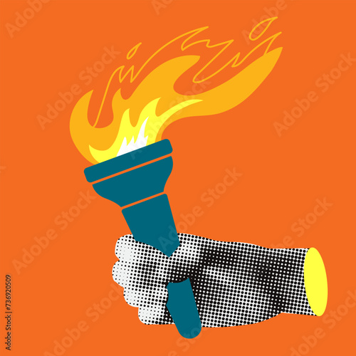 Hand holding torch. Modern collage with halftone hand. Symbol of sports games. Human hand with fire torch. Vector illustration