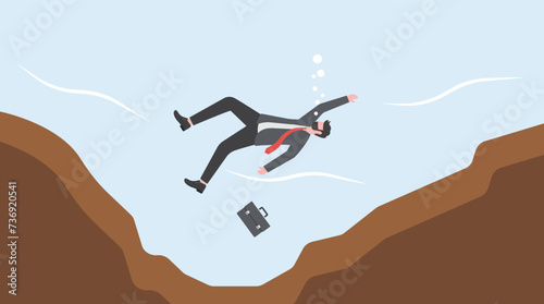 Business failure, financial debt problem and bankruptcy, career struggle or unemployment concept, helpless businessman drowning or sinking into the bottom of ocean.

