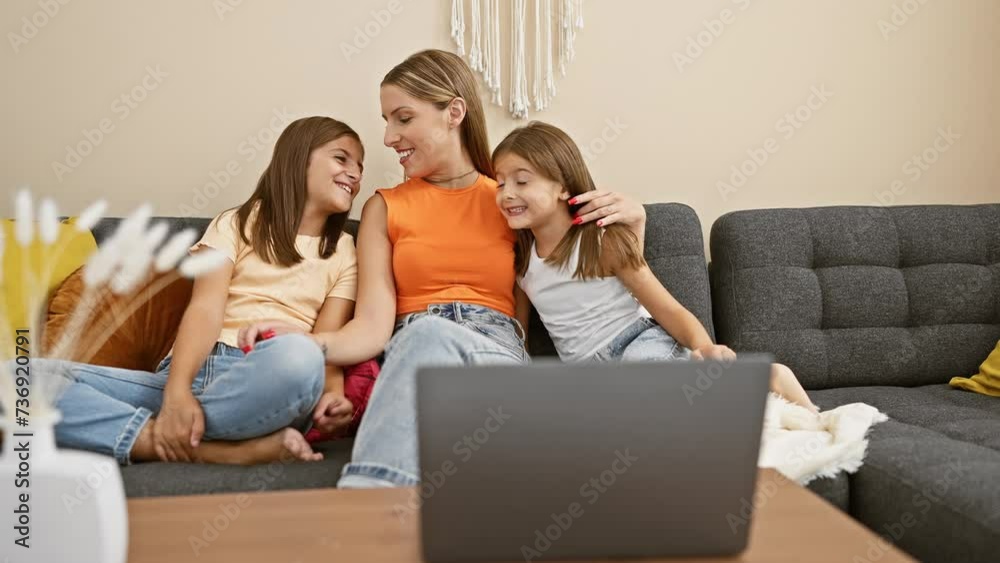 A woman and two girls enjoying family time sitting on the floor indoors, with a sofa and laptop in the foreground.