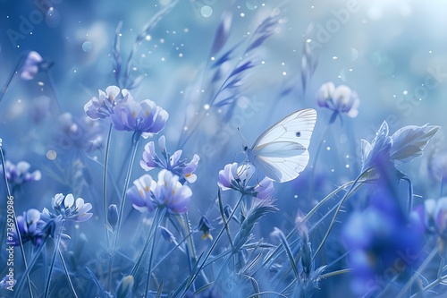 A white butterfly rests on a purple flower in a field of purple flowers with a blue hue. 