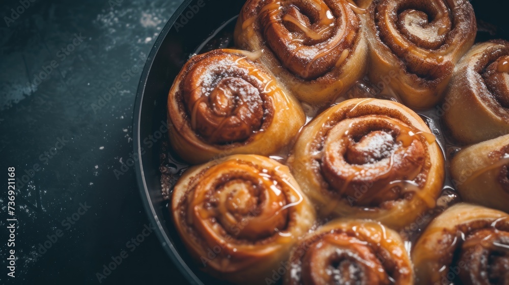 a pan filled with cinnamon buns sitting on top of a black counter next to a bowl of powdered sugar. a pan filled with cinnamon buns sitting on top of a black counter next to a bowl of powdered sugar.