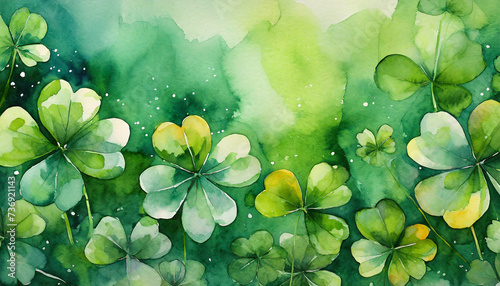 Watercolor background with green clover leaves. St. Patrick's Day concept. photo