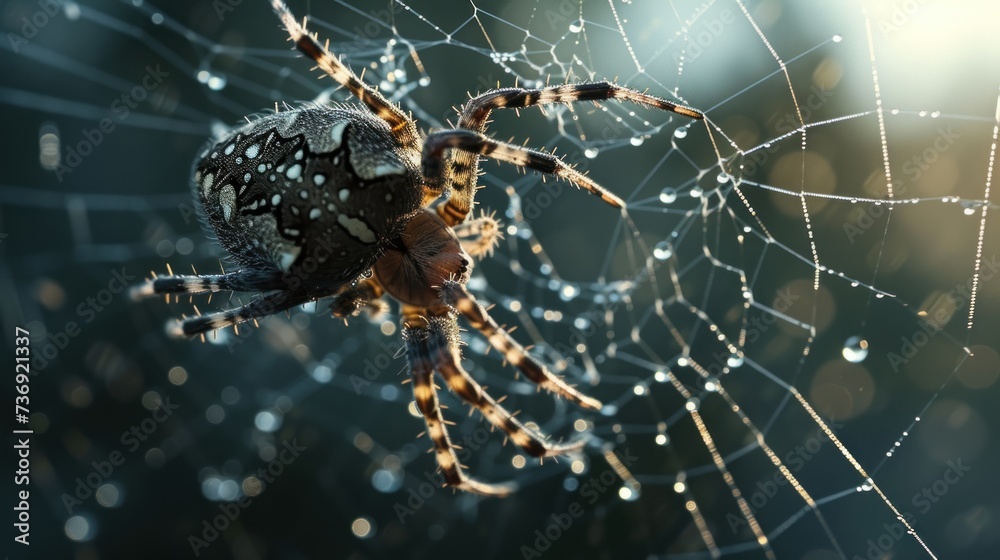 a close up of a spider on a web with water droplets on it's back and a blurry background.