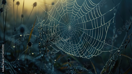 a close up of a spider web in a field of grass with dew drops on the spider's web.