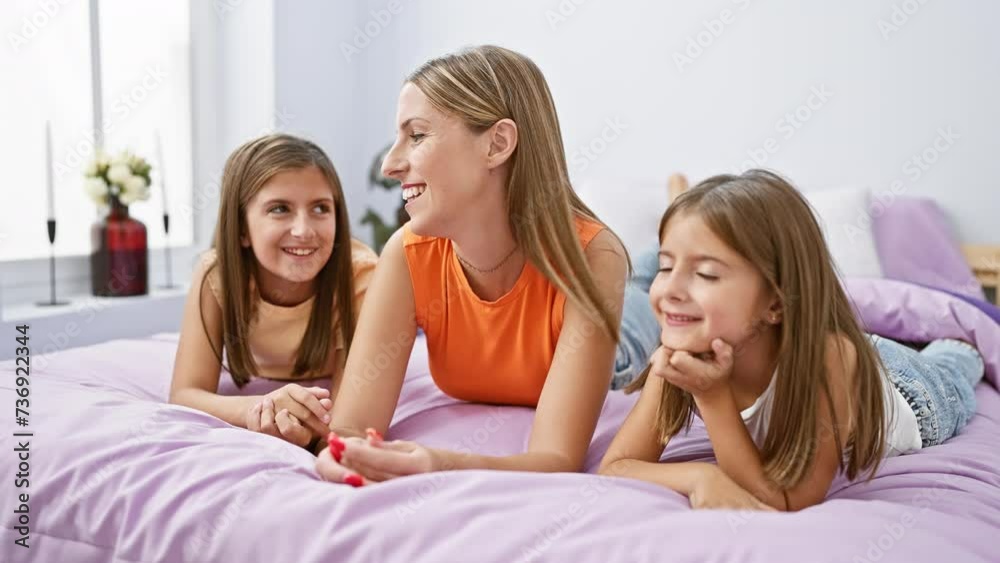 A smiling woman and two girls enjoying quality time together on a bed in a bright bedroom. A smiling woman and two girls enjoying quality time together on a bed in a bright bedroom.