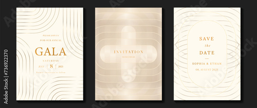 Luxury invitation card background vector. Golden elegant wavy gold line pattern on light background. Premium design illustration for wedding and vip cover template, grand opening.