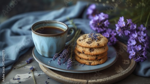 a stack of cookies sitting on top of a blue plate next to a cup of coffee and some purple flowers. photo