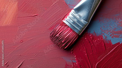 a close up of a paintbrush with red and blue paint on the surface of a red and blue background. photo