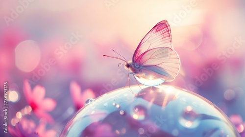 a close up of a butterfly on a glass ball with a blurry background and flowers in the foreground.