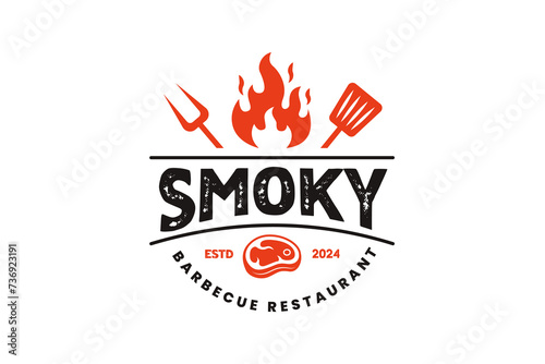 Rustic BBQ Grill Logo or Grilled Barbecue Steak House Badge Logo Stamp in Vintage Retro Style