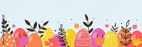 Hand drawn Easter pattern design. Concept of a banner with ornate eggs and flowers. Vector illustration