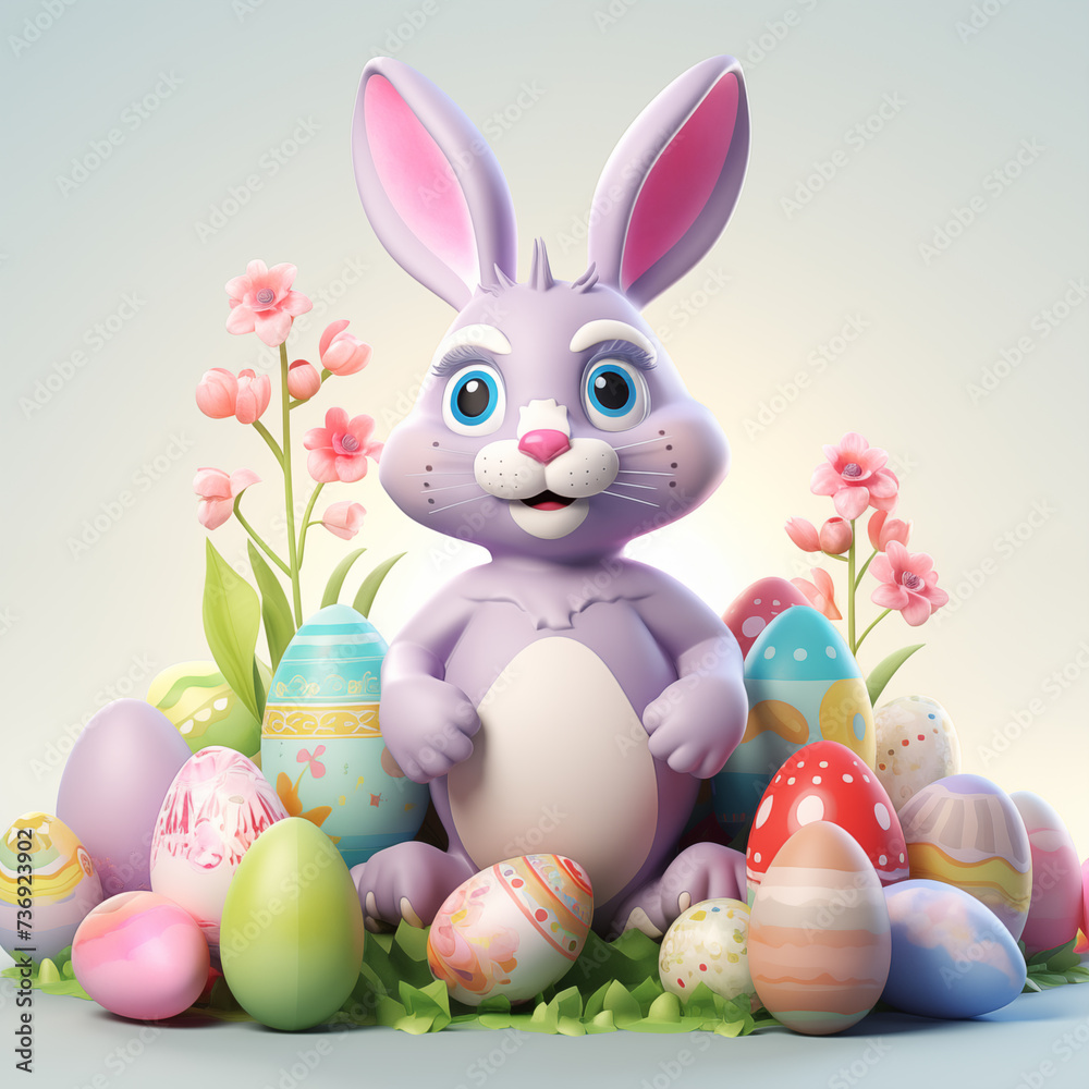 Cute bunny with colorful Easter eggs Cute bunny with colorful Easter eggs