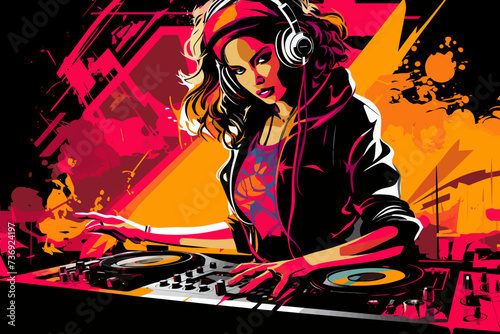 a woman in headphones mixing music on a turntable