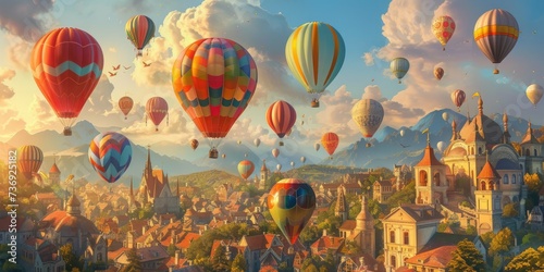Hot Air Balloons Flying Over City