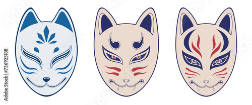 Set of Kitsune fox masks vector illustration, isolated on white background. Japanese traditional mask. Traditional japanese demon. Tattoo print. Color illustration.