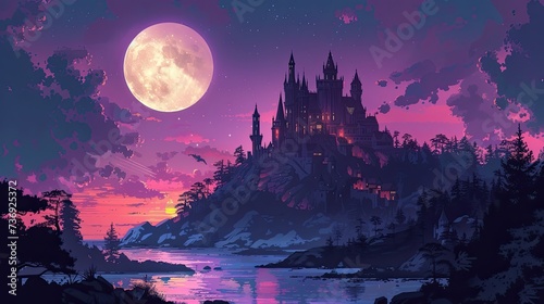 A Painting of a Castle With a Full Moon in the Background
