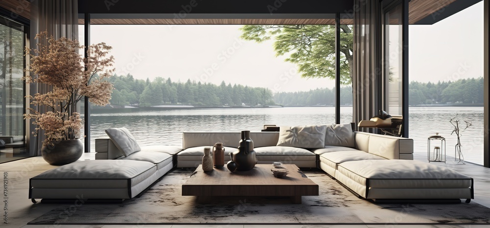 Fototapeta premium ideas for arranging a family or guest room with sofas, lamps, potted ornamental plants, tables that are simple and minimalist but still give the impression of being clean and elegant.