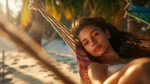 attractive adult woman, age 20 to 30, cacuasian, sleeping on the sandy beach, lying in the hammock between palm trees, relaxation and peace, tropical island life, fictional location