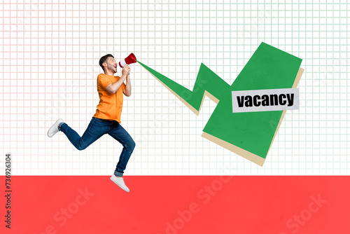 Creative collage young running guy hold loudspeaker proclaiming vacancy recruitment human recourses headhunting checkered background