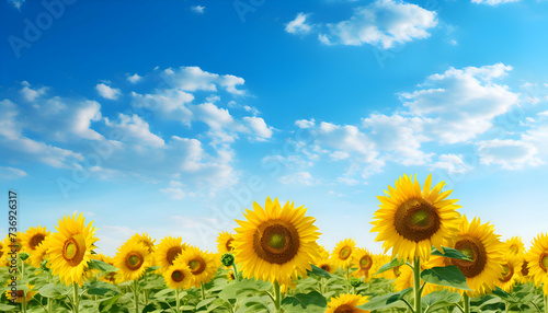 Sunflower field over cloudy blue sky with copy space. Nature background