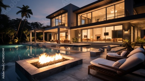 A serene evening by the poolside featuring a glowing fire pit