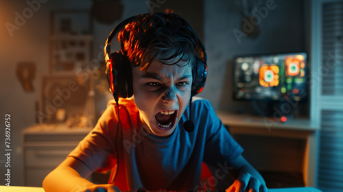 rage quit, child gambles online, plays online games, with headphones and microphone, hatred and agitation and insults on the internet, online gamer, young boy photo