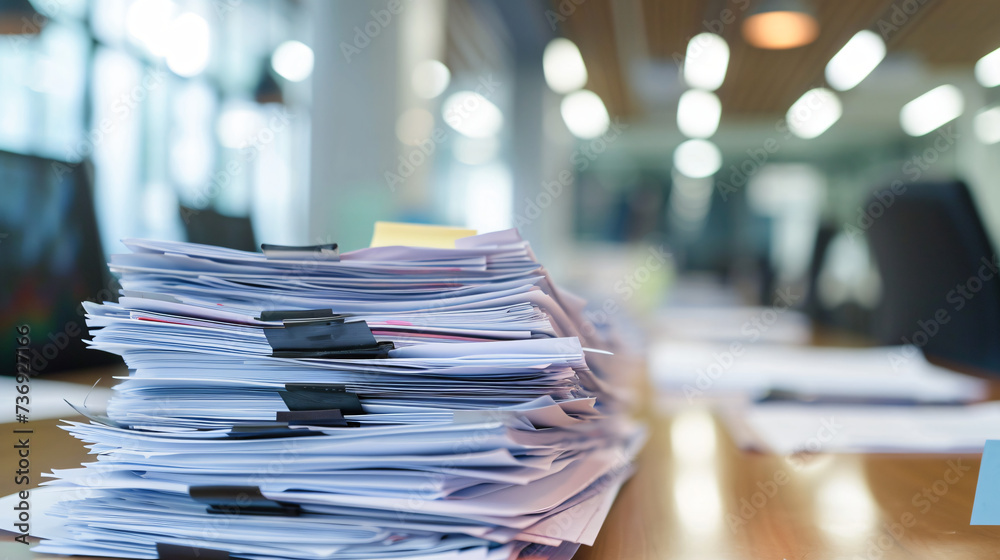 stack reports papers files on desk work in office, business paperwork or piles of unfinished documents achieves with paperclip on offices in Business