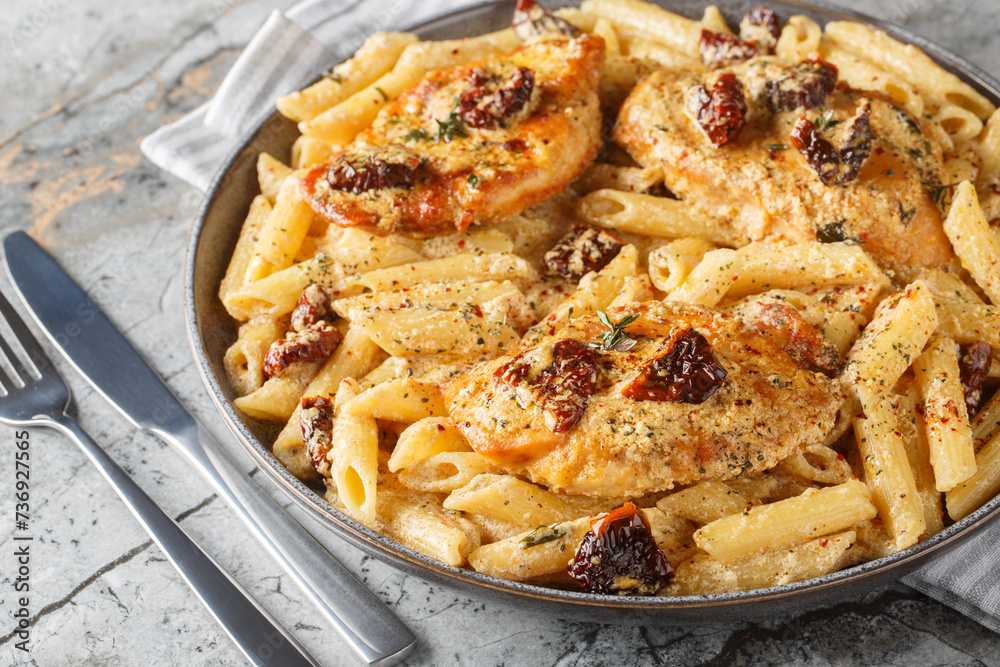 Creamy Marry Me Chicken pasta with sun-dried tomatoes, cheese, herbs and aromatic sauce close-up in a plate on a marble table. Horizontal