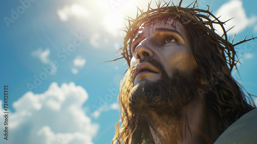 crown of thorns, Jesus Christ is hopeless and unmotivated, long robe, fictitious place, tired and sad, disappointed and full of pain, faith and religion of Christianity