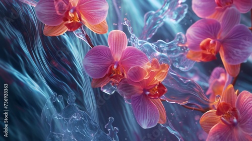 Marvel at the balletic display of orchids forming a floral cascade as they tumble down a waterfall, seen from an enchanting aerial view. photo