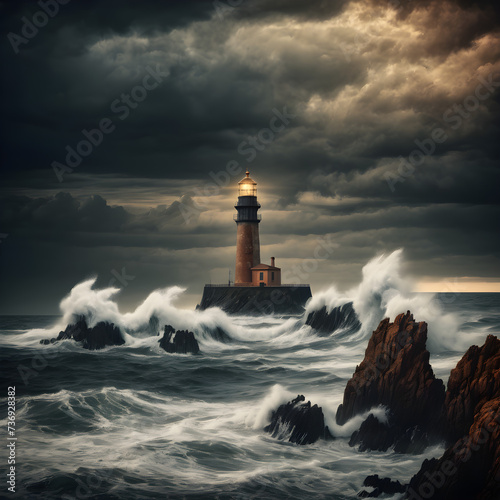 seascape scene with a lighthouse and some rocks waves clouds rippled sea Generative Ai