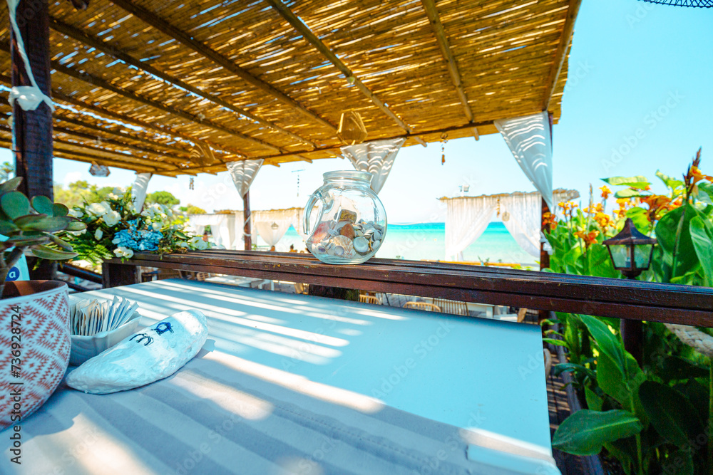 Paradise restaurant on tropical seashore. Zakhyntos, Greece.