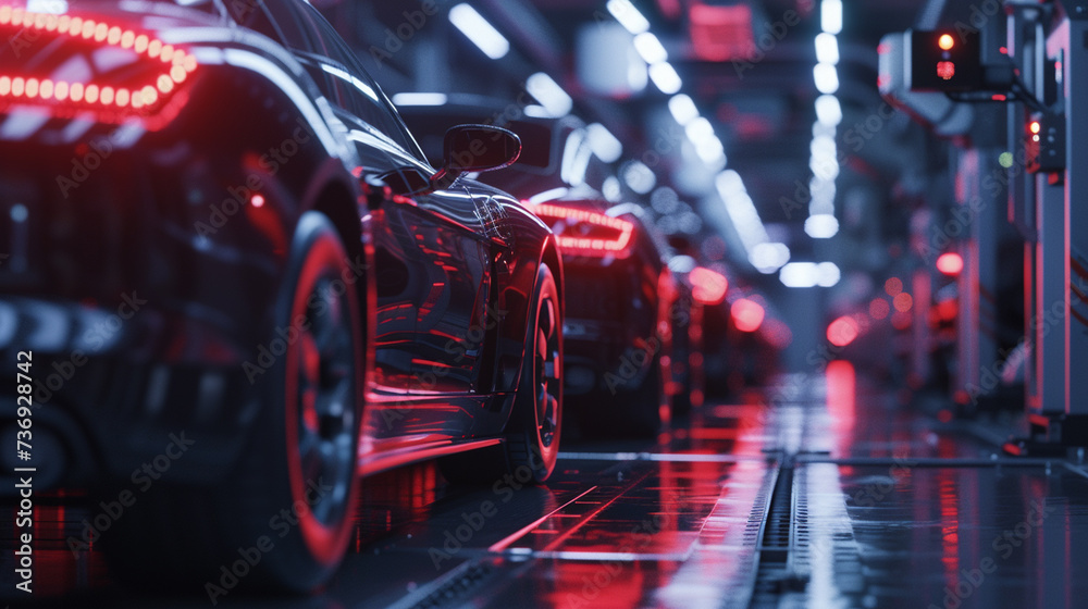 Futuristic autonomous vehicle production of cars, artificial intelligence manufactures and manufactures cars, dark production hall Futuristic autonomous vehicle production of cars, artificial intelligence manufactures and manufactures cars, dark production hall