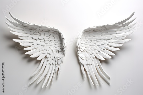 A pair of white feathered wings in the photo on a black background. generative AI