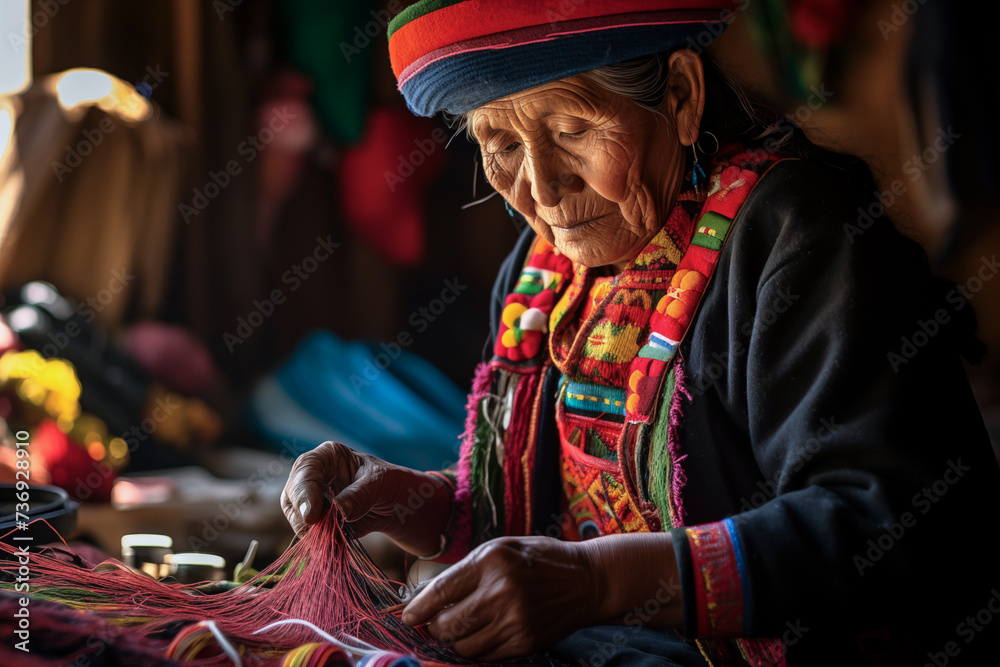 Native old latin woman sewing in a market stall