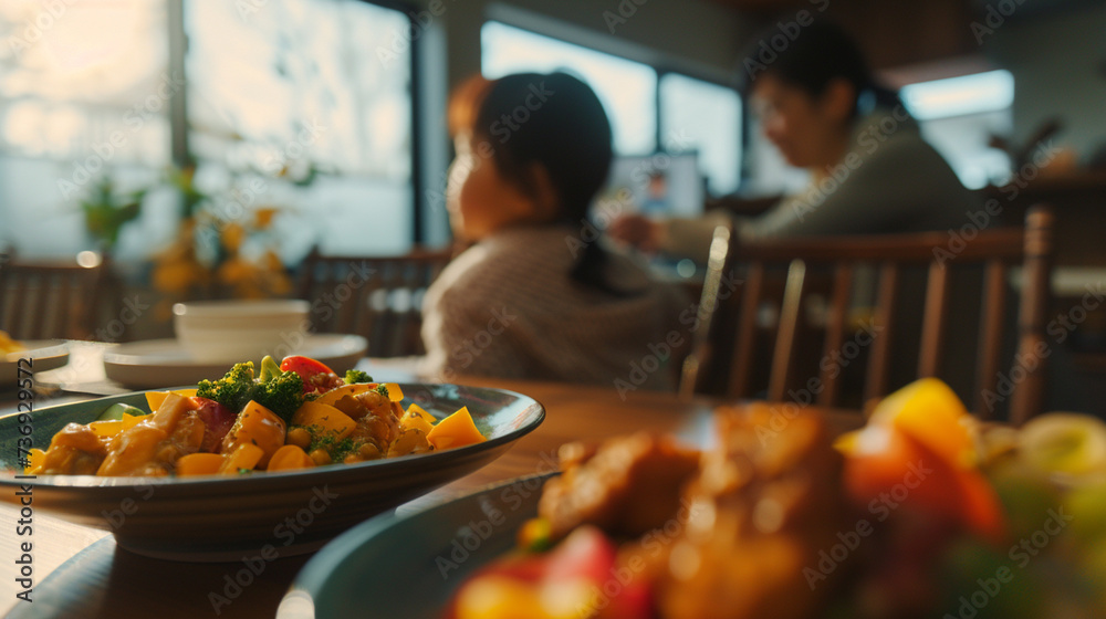 Lunch of an Asian family, fictional location, wooden table in the dining room, early lunch or evening plate with potatoes or fictional child and father blurred in the background