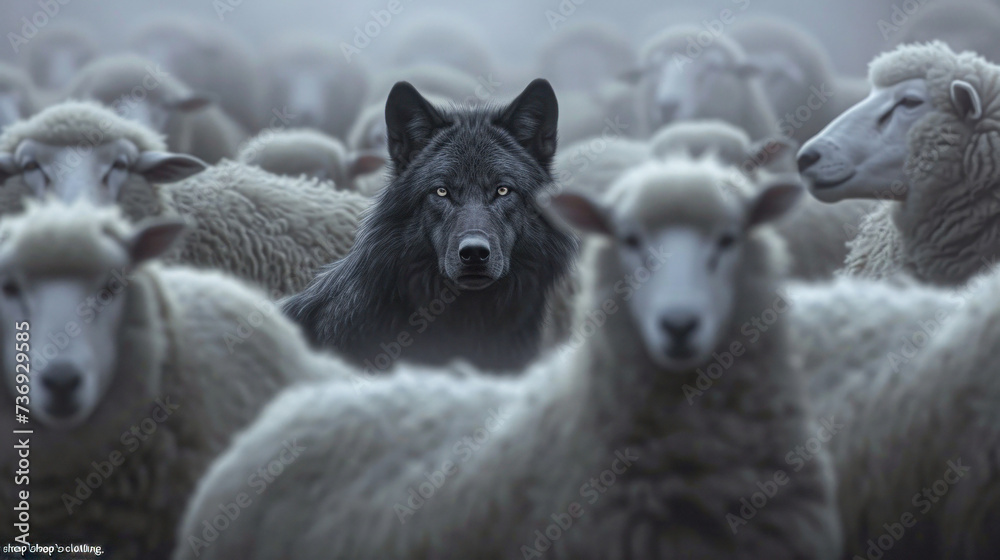 A single wolf stands out amid a flock of sheep, all looking toward the camera with a sense of alertness.