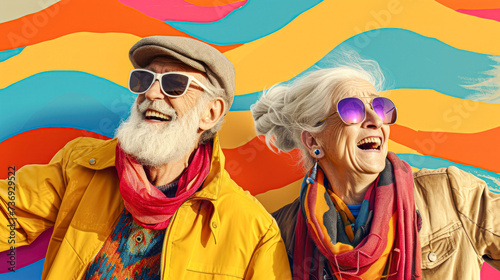 A cheerful elderly couple wearing vibrant sunglasses and colorful winter clothes, laughing together against a two-tone background