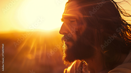Jesus Christ is hopeless and unmotivated, long robe, fictitious place, tired and sad, disappointed and full of pain, faith and religion of Christianity