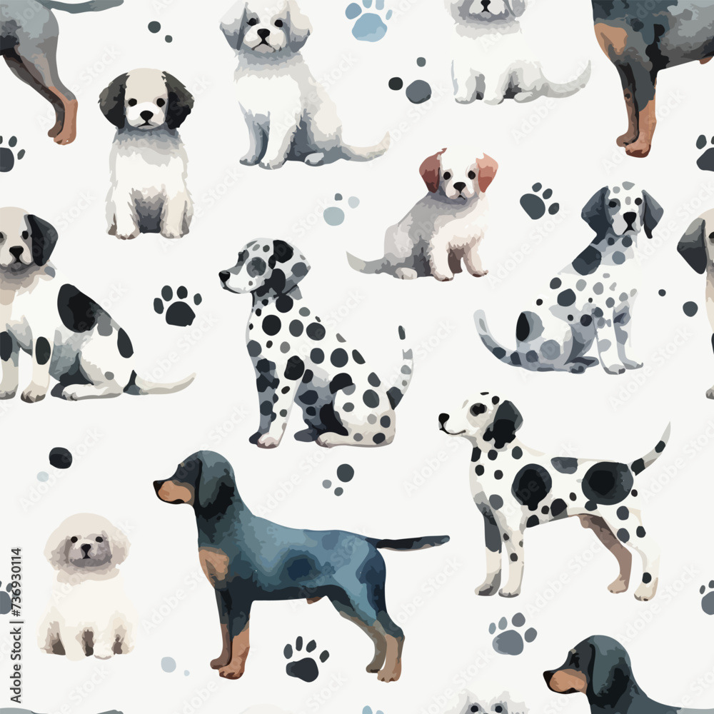 Cute watercolor dogs pattern. Vector simple seamless background for kids.