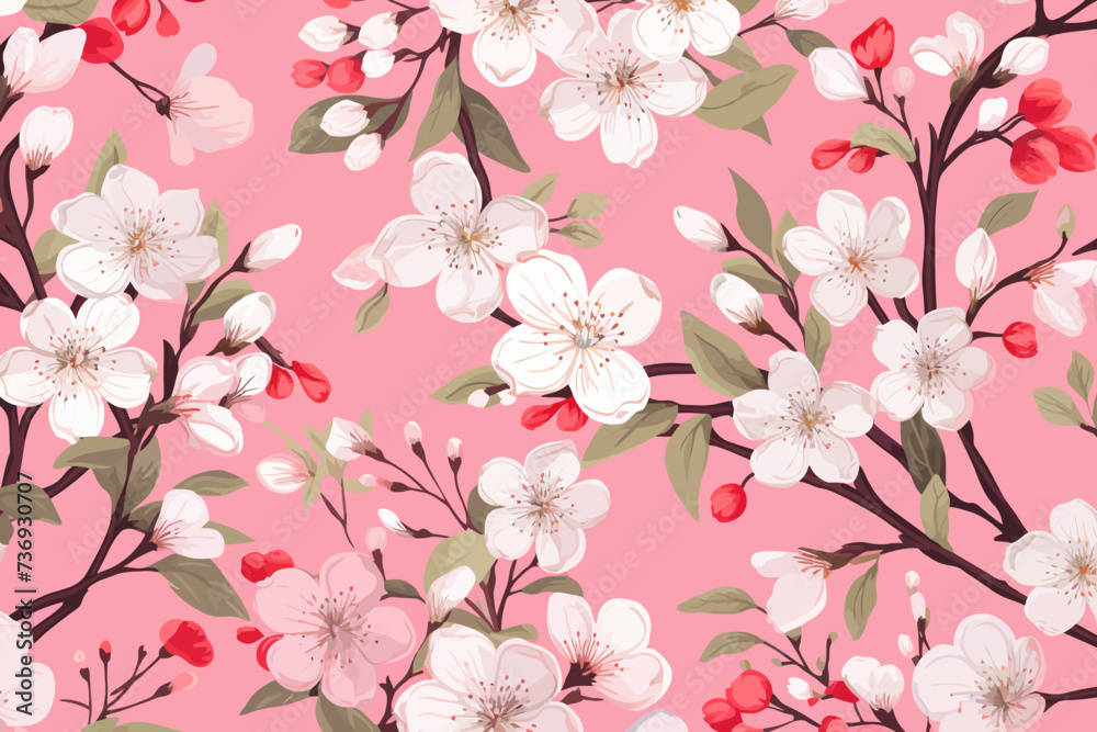 a pink background with white and red flowers